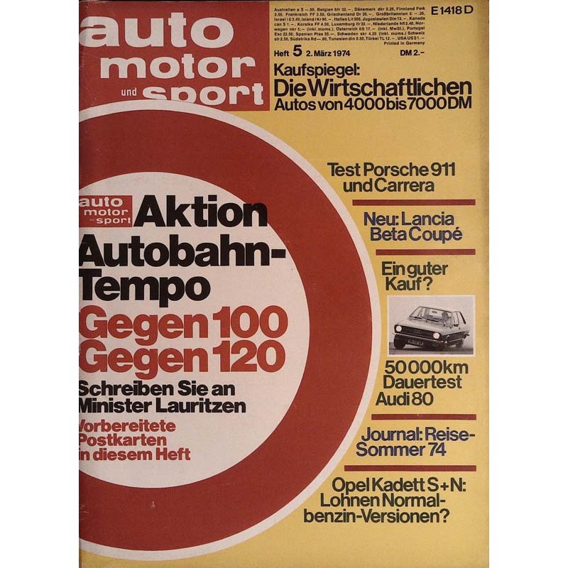 auto motor & sport Heft 5 / 2 März 1974 - Aktion Autobahntempo