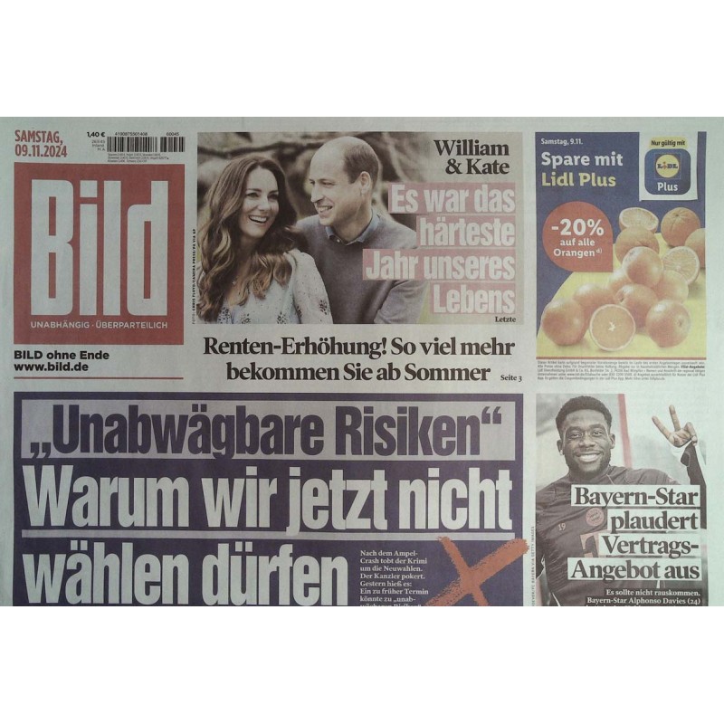 Bild Zeitung Samstag, 9 November 2024 - Unabwägbare Risiken