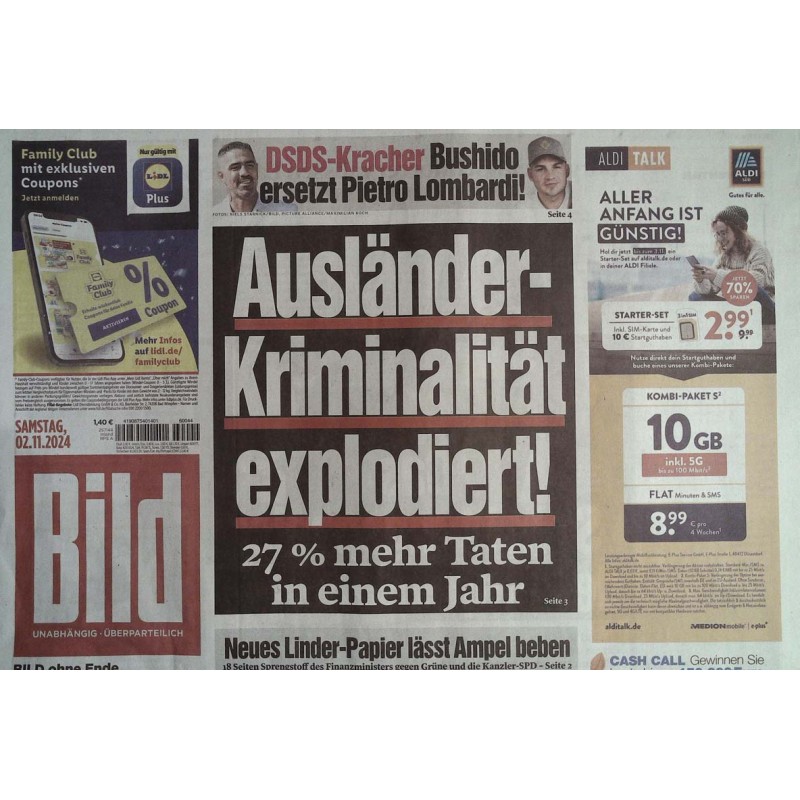 Bild Zeitung Samstag, 2 November 2024 - Ausländer Kriminalität