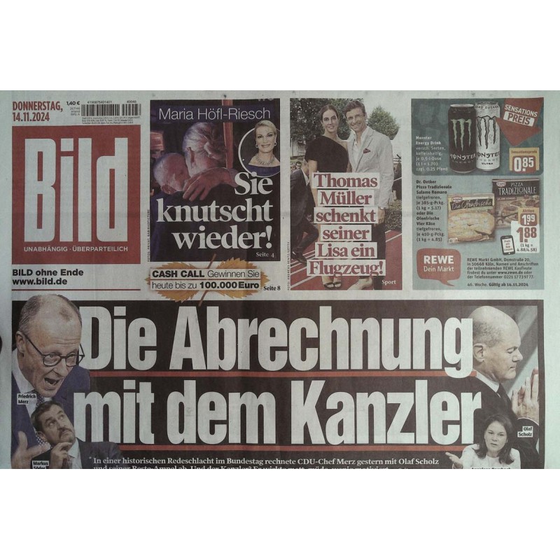 Bild Zeitung Donnerstag, 14 November 2024 - Die Abrechnung...