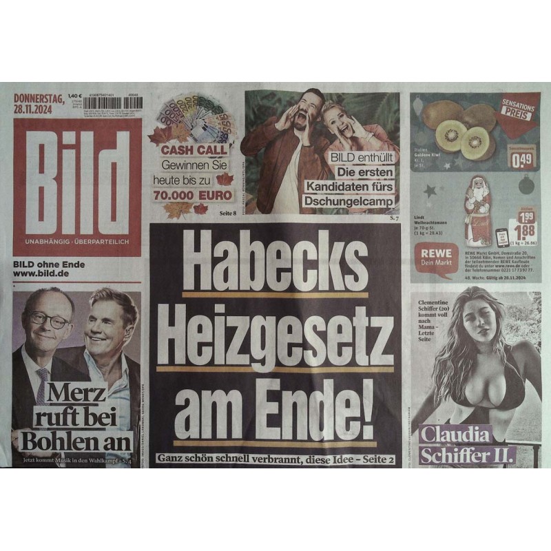 Bild Zeitung Donnerstag, 28 November 2024 - Habecks Heizgesetz