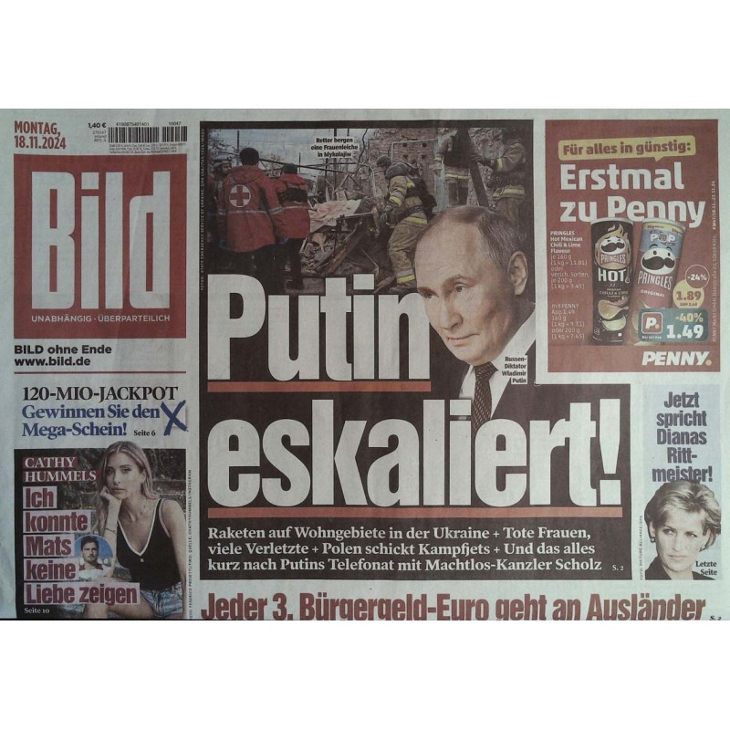 Bild Zeitung Montag, 18 November 2024 - Wladimir Putin eskaliert!