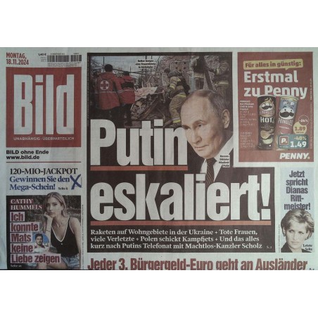 Bild Zeitung Montag, 18 November 2024 - Wladimir Putin eskaliert!