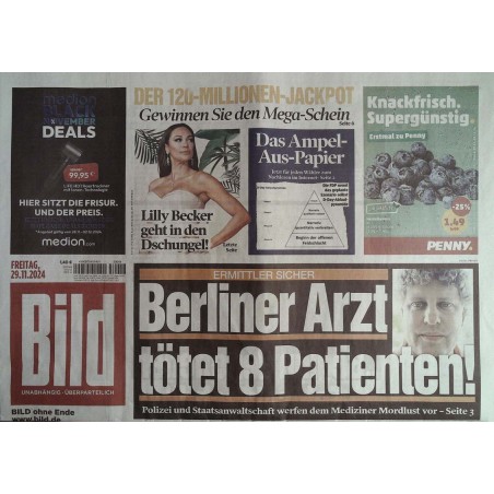 Bild Zeitung Freitag, 29 November 2024 - Berliner Arzt tötet...