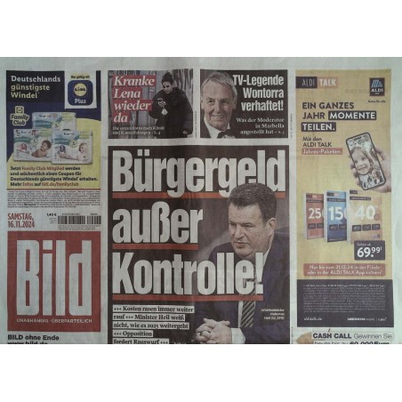 Bild Zeitung Samstag, 16 November 2024 - Bürgergeld außer Kontrolle