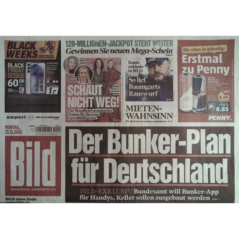 Bild Zeitung Montag, 25 November 2024 - Der Bunker Plan