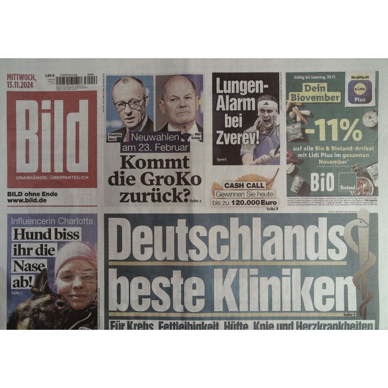 Bild Zeitung Mittwoch, 13 November 2024 - Deutschlands Kliniken