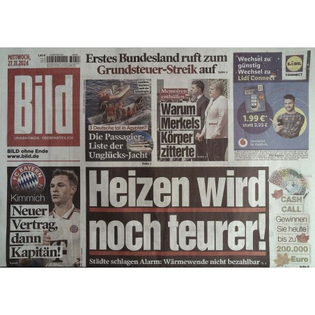 Bild Zeitung Mittwoch, 27 November 2024 - Heizen wird noch teurer