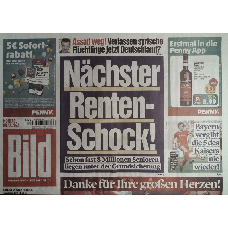 Bild Zeitung Montag, 9 Dezember 2024 - Nächster Renten-Schock