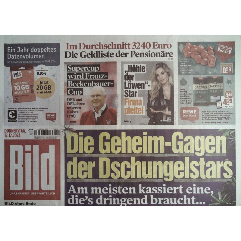 Bild Zeitung Donnerstag, 12 Dezember 2024 - Gagen der Dschungelstars