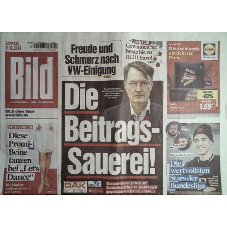 Bild Zeitung Samstag, 21 Dezember 2024 - Die Beitrags-Sauerei!