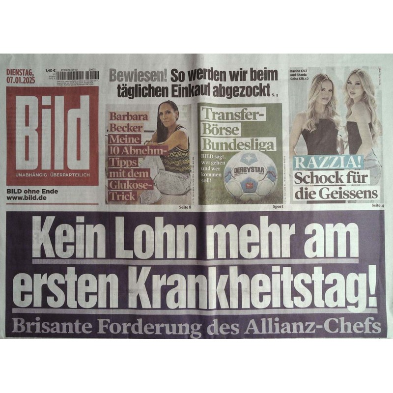 Bild Zeitung Dienstag, 7 Januar 2025 - Kein Lohn mehr am...