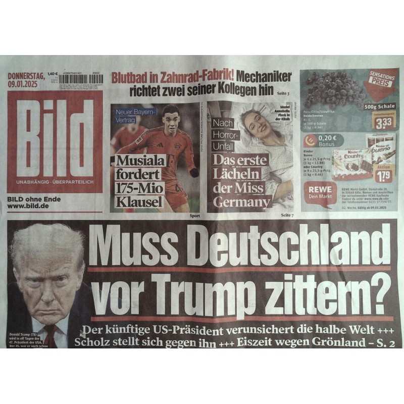 Bild Zeitung Donnerstag, 9 Januar 2025 - US-Präsident Trump