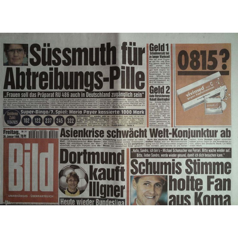 Bild Zeitung Freitag, 30 Januar 1998 - Abtreibungs-Pille