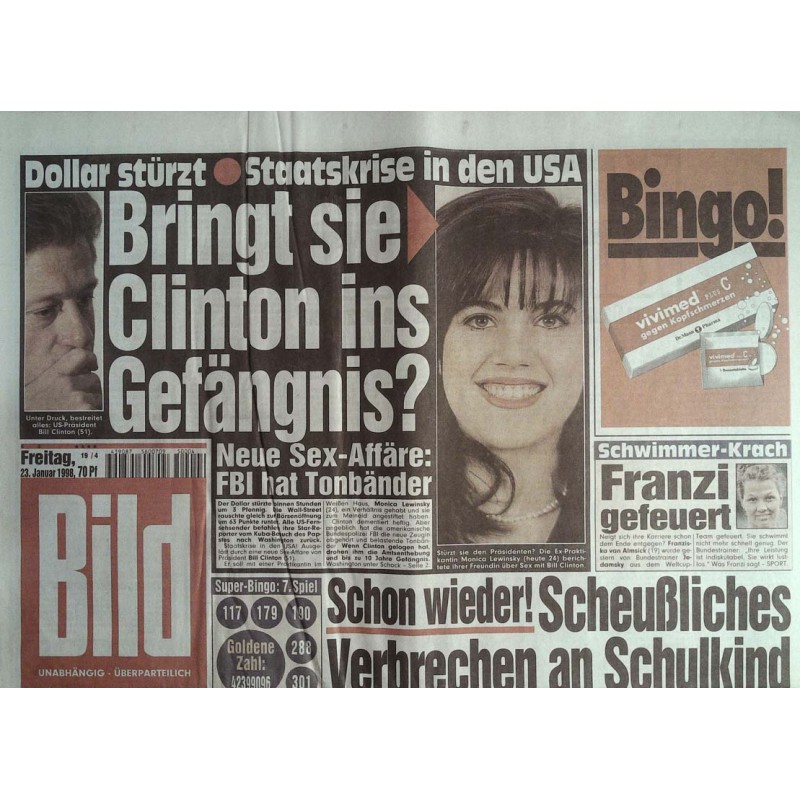 Bild Zeitung Freitag, 23 Januar 1998 - Lewinsky & Clinton