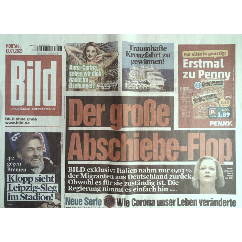 Bild Zeitung Montag, 13 Januar 2025 - Der Abschiebe-Flop