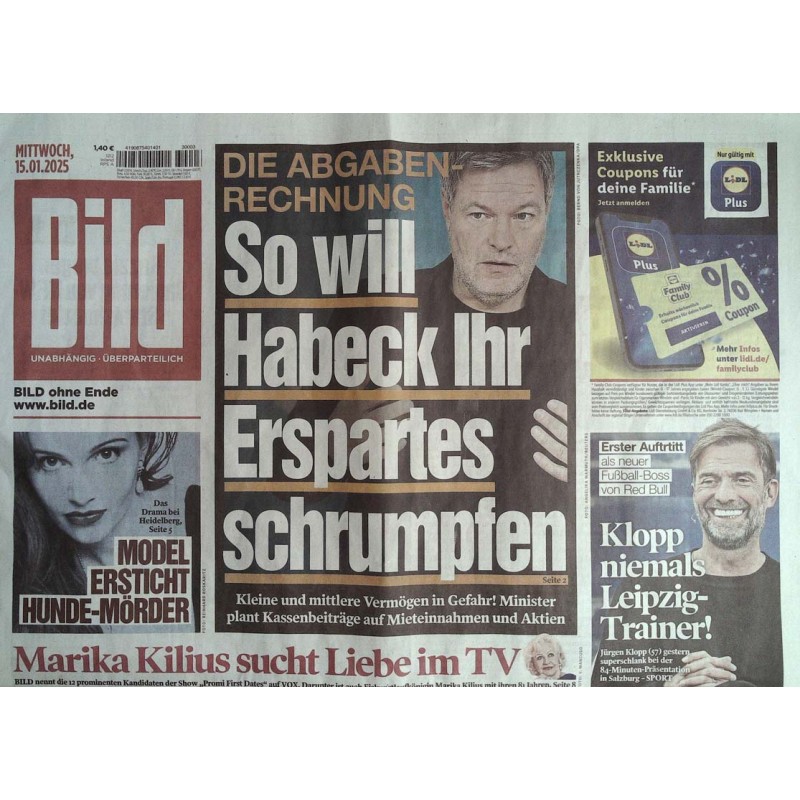 Bild Zeitung Mittwoch, 15 Januar 2025 - So will Habeck ihr...