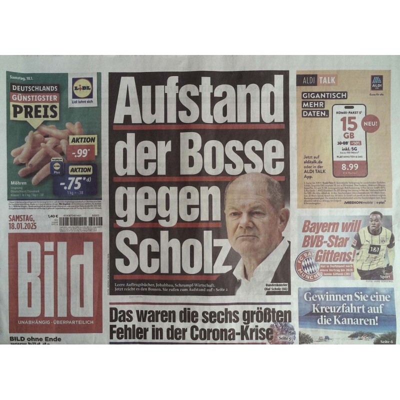 Bild Zeitung Samstag, 18 Januar 2025 - Aufstand der Bosse...