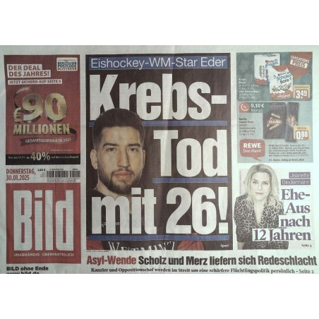 Bild Zeitung Donnerstag, 30 Januar 2025 - WM-Star Eder