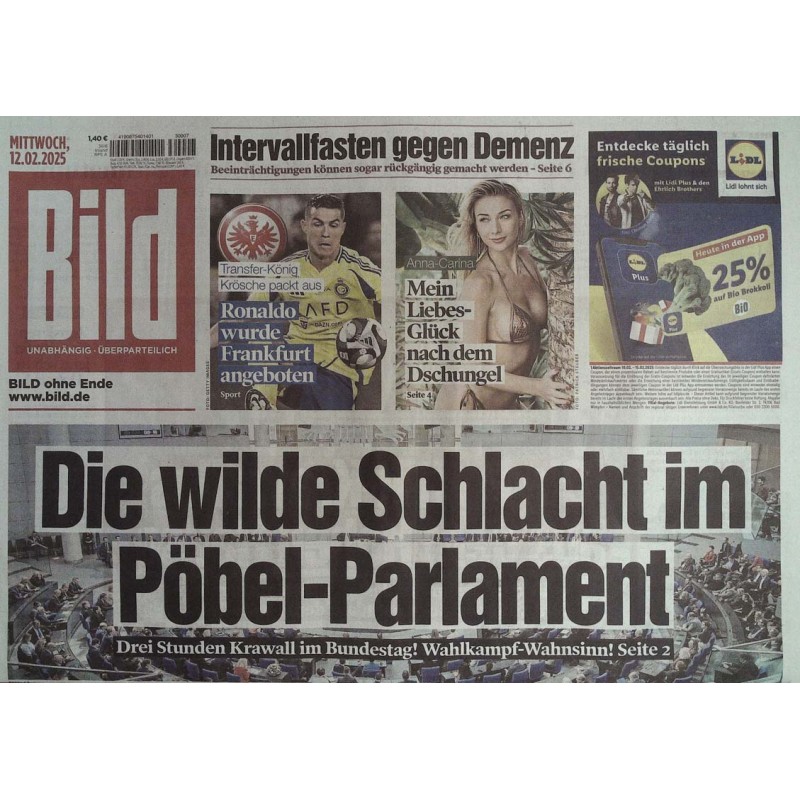 Bild Zeitung Mittwoch, 12 Februar 2025 - Pöbel Parlament