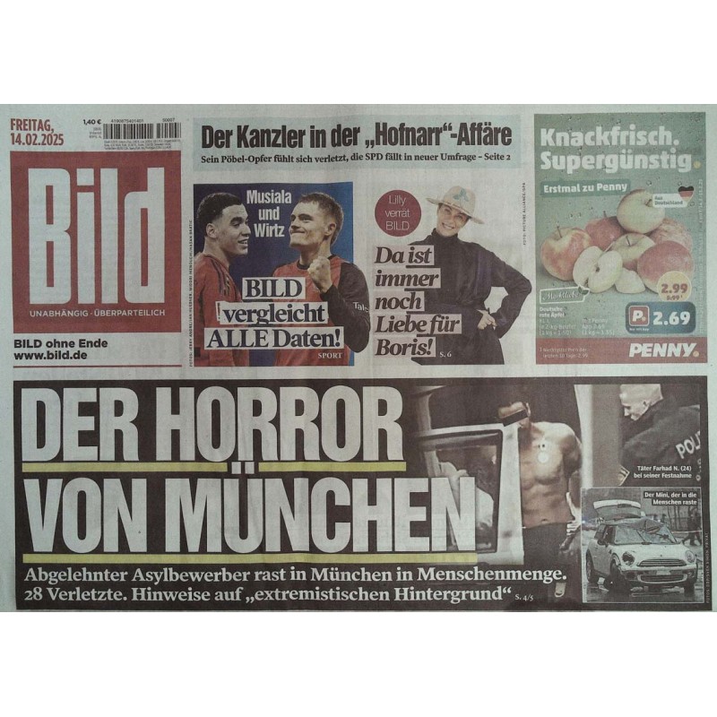 Bild Zeitung Freitag, 14 Februar 2025 - Der Horror von München