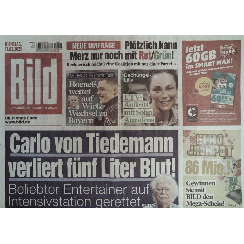 Bild Zeitung Dienstag, 11 Februar 2025 - Carlo von Tiedemann