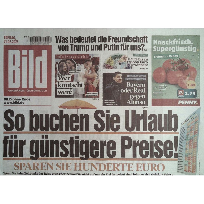 Bild Zeitung Freitag, 21 Februar 2025 - Urlaub günstigere Preise